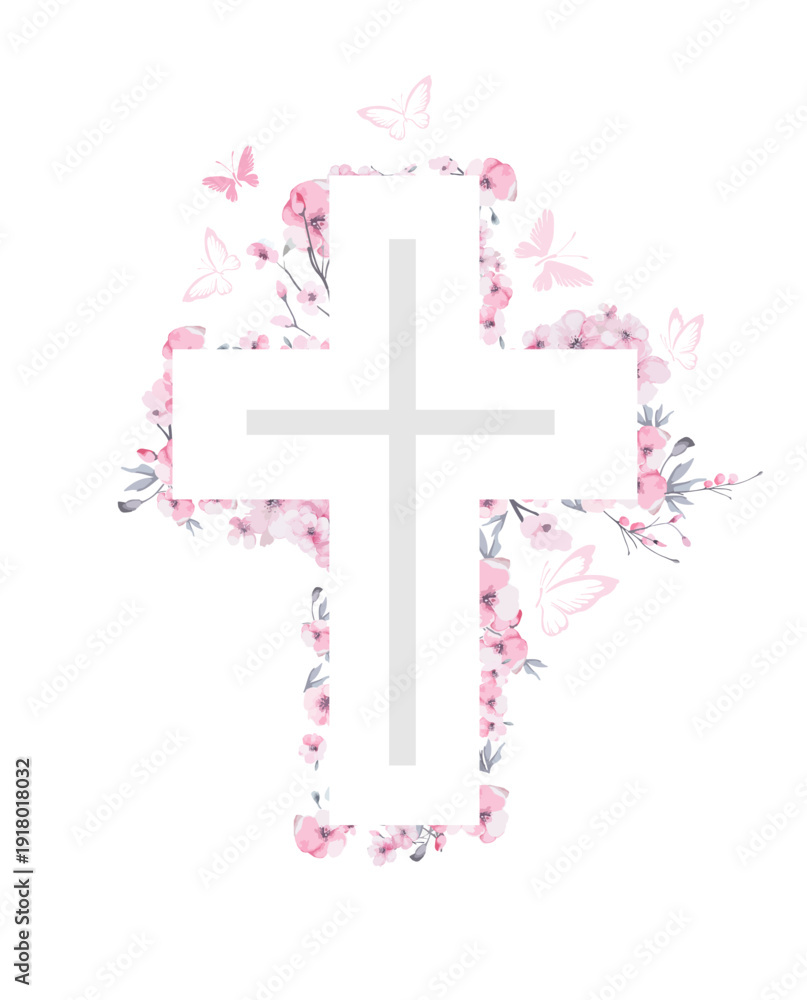 Fototapeta premium Religious cross with sakura flowers and butterflies . Hand drawn. Not AI, vector illustration. He is risen