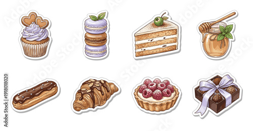 Sweet Dessert Sticker Set, Gourmet Pastry Vector Illustrations