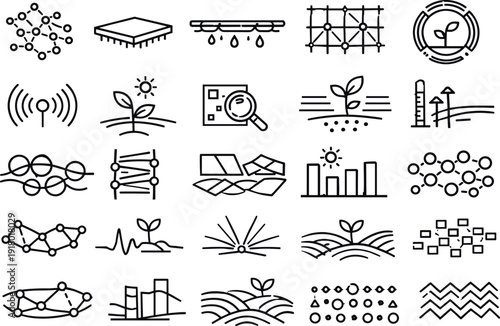 Line vector icons of distributed microscopic agri-sensors: micro-bead nodes, soil-measure pads, moisture-flow rails,
