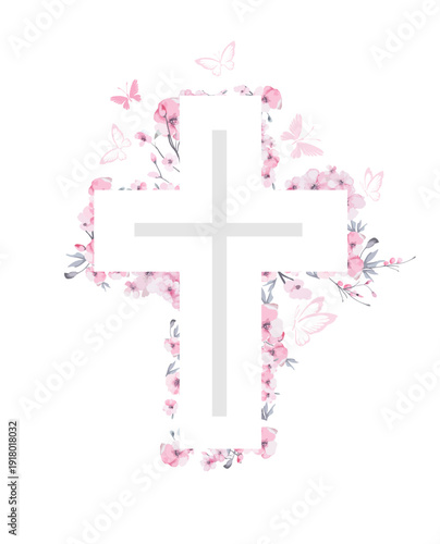 Religious cross with sakura flowers and butterflies . Hand drawn. Not AI, vector illustration. He is risen