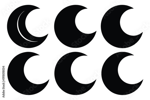 set of crescent moon icon line art silhouette vector illustration