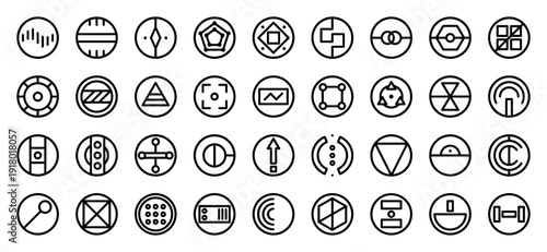 Abstract technical icon set for interface design. Vector pictograms of sensors, nodes, connectivity, data points, and geometric modules, thick outline illustration.
