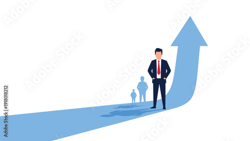 Ambitious businessman standing on a rising blue arrow representing career growth, financial success, and corporate progress.