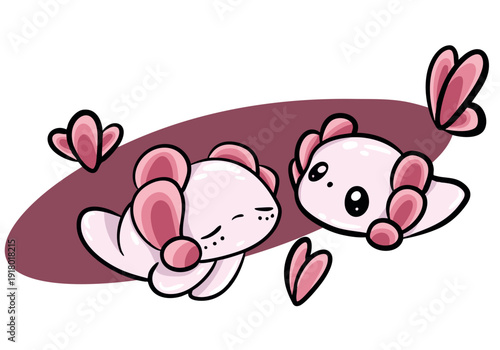 Cute Pink Axolotl Characters - Sleeping and Awake Salamander Duo on Burgundy Background