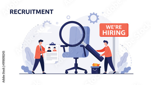 Professional recruitment concept showing human resources team hiring new employees and reviewing resumes for a vacant position.