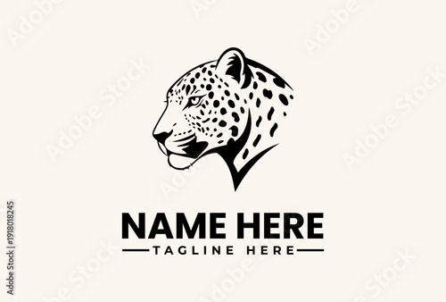 A black and white illustration of a leopard's head with a placeholder name and tagline on a beige background, featuring a logo and pictogram design.