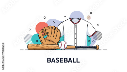 Sports equipment for baseball featuring a leather glove, wooden bat, ball, and team jersey in a modern flat illustration style.