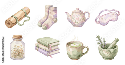 Wellness and Self Care Sticker Set, Pastel Watercolor Illustrations