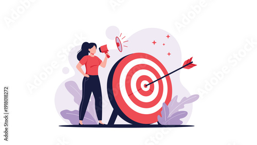 Determined woman using a megaphone to announce business goals while standing next to a target hit by an arrow in the bullseye.