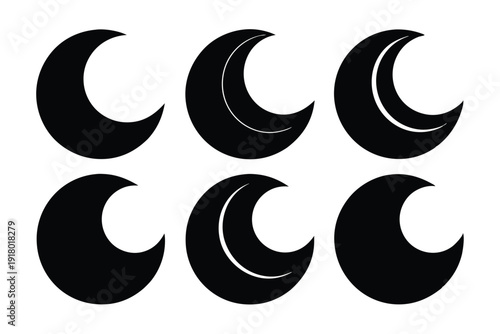 set of crescent moon icon line art silhouette vector illustration