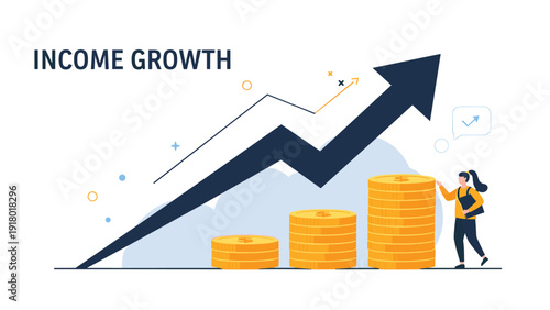 Professional woman celebrating income growth with rising stacks of gold coins and a sharp upward arrow representing financial gain.