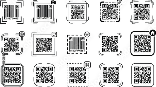 QR code and barcode scanner icon set collection.  Digital data scanning Electronic tag and code identification