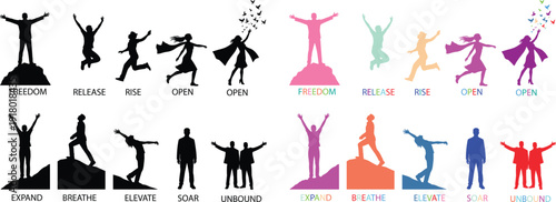 Yoga Silhouettes in Various Poses and Colors on White Background for Fitness Illustration