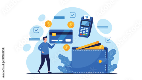 Digital payment and finance concept showing a man using a credit card with a terminal, wallet, and coins for secure transactions.
