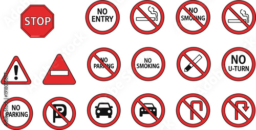 Road and Traffic Prohibition Icon Sheet traffic, sign, road, prohibited, forbidden, stop, entry, no smoking, no parking, u-turn, parking, car, warning, exclamation