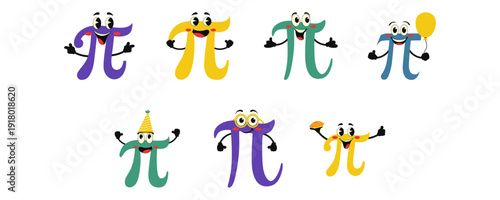 Pi symbol cartoon character illustration for international pi day. Vector isolated.