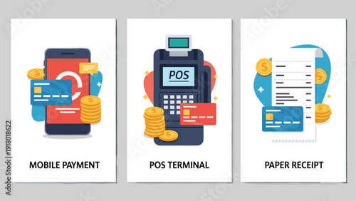 Set of retail payment method illustrations including mobile smartphone payments, point of sale terminals, and paper receipts.