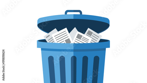 Data disposal and office cleanup concept showing a blue recycling bin filled with discarded paper documents and reports.