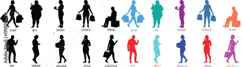 Silhouette of people walking with bags in various colors on white background for infographic design