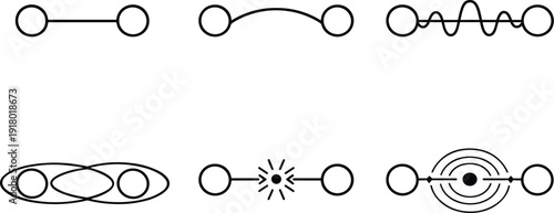 Line vector icons of nonlocal connection between two points in space (beyond-distance link): node pair, smooth connector,