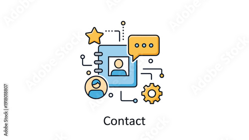 Customer contact and communication management concept with an address book, speech bubble, and user profile symbols.