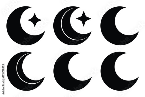 set of crescent moon icon line art silhouette vector illustration