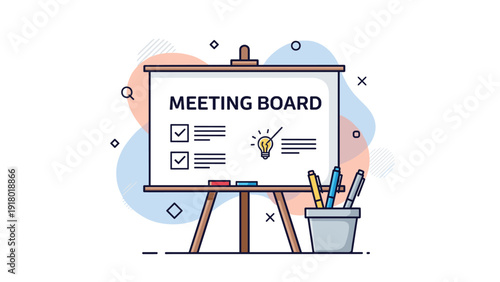 Meeting board vector illustration showing checklist and lightbulb idea on a whiteboard with stationery and abstract shapes.
