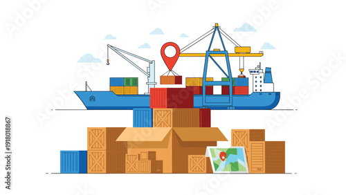 Global logistics and shipping concept showing a cargo container ship at port with cranes, delivery boxes, and location tracking pins.