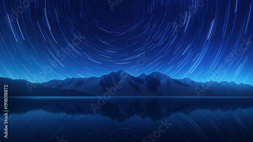 Foto 山並みと静かな湖面に映る幻想的な星の軌跡