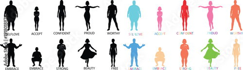 Diverse People Silhouettes in Various Poses and Colors on White Background for Marketing and Advertising