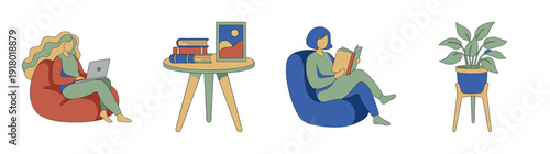 Flat Vector Cozy Lifestyle Elements Graphic Set for Home Office and Remote Work Wellness Design