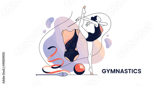 Rhythmic gymnastics illustration featuring an athlete in a leotard with equipment like a ball, ribbon, clubs, and leotard outfit.