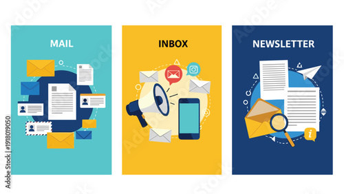 Communication and digital marketing set showing mail, inbox with megaphone and smartphone, and newsletter with magnifying glass.