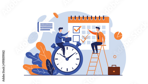 Productivity and time management illustration with a large stopwatch, calendar, and professionals checking off completed tasks.