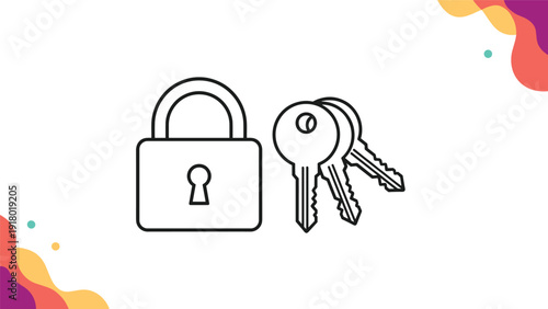 Security and access control concept showing a large metal padlock next to a bunch of keys on a colorful abstract background.