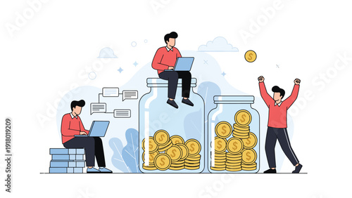 Wealth accumulation and collaborative saving concept with people working together to fill large glass jars with gold coins.