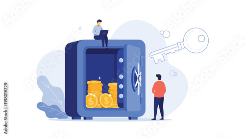 Financial security and bank vault concept with gold coins inside a large blue safe and people holding keys and laptops.
