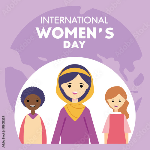 Purple international women day greeting card design with three diverse female characters wearing different outfits and headscarves on earth map