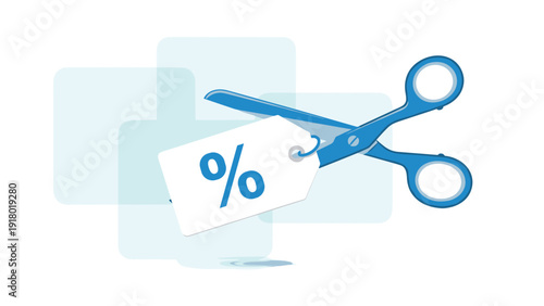 Price reduction and discount concept showing blue scissors cutting a white price tag with a blue percentage symbol.