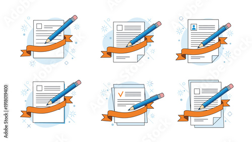 Certification and document set showing multiple papers with blue pencils and orange ribbons for successful completion.