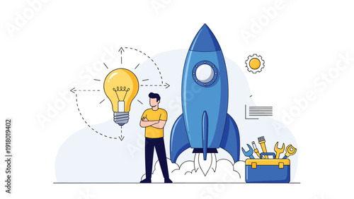 Business startup and innovation concept with a rocket launching next to a man with a lightbulb and a toolbox of equipment.