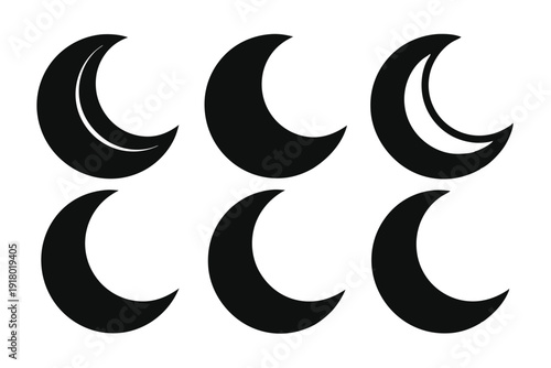 set of crescent moon icon line art silhouette vector illustration