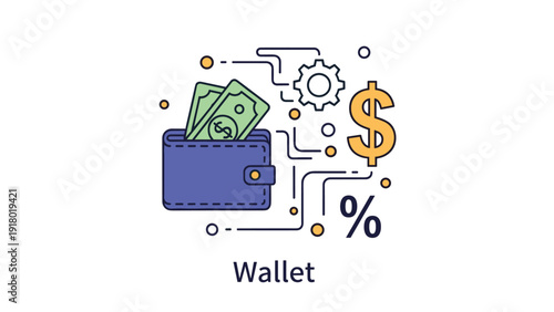 Financial management and e-wallet concept showing a wallet with cash, a gear for settings, and a percentage symbol.