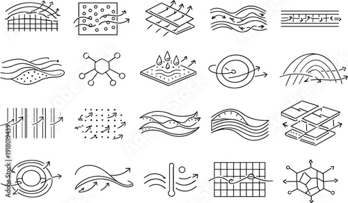 Line style icons of temperature-adaptive breathing exterior: airflow grid arc, porous panel point, shading flap tile, thermal