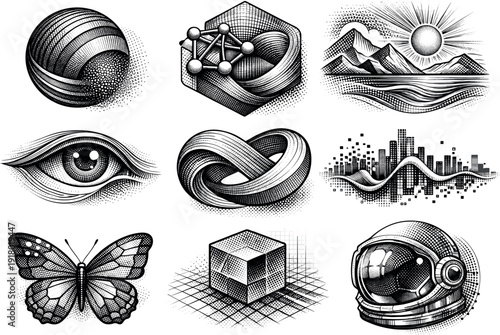 Line vector icons of vector complexity reaching raster illusion: fine-hatch arcs, grain nodes, pseudo-noise pads, dense-curve