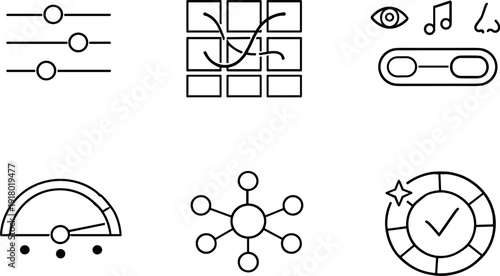 Line style icons of journey personalization: preference slider, path-selection grid, sensory-mode switch, pacing arc, adaptive