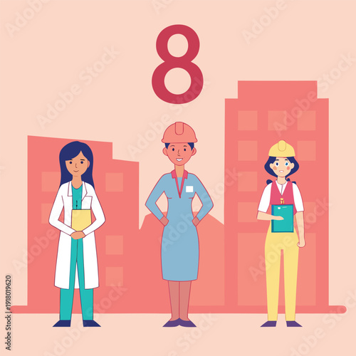 International womens day honoring women in medical and construction fields with hard hats and number 8 and city backdrop
