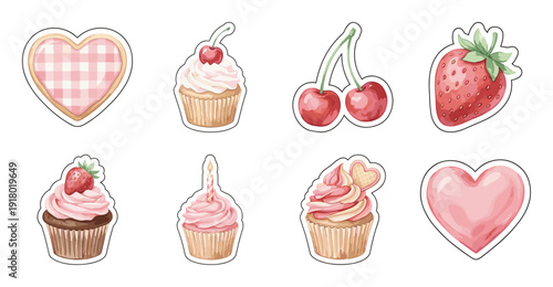Cute Pink Dessert Sticker Set, Watercolor Vector Illustration