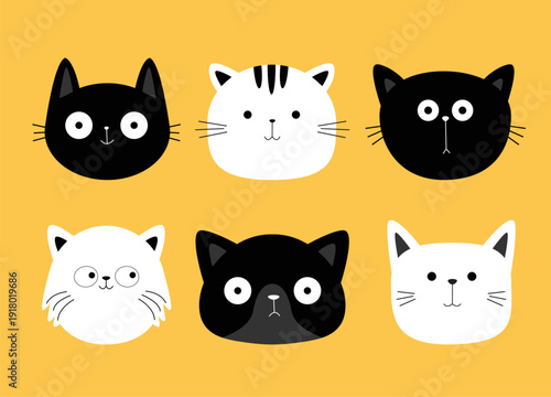 Cute black and white peeking cat icon set. Funny Kitten, kitty face. Different breeds, patterns, colors, emotions. Cartoon kawaii baby character. Sticker print. Flat design. Yellow background. Vector