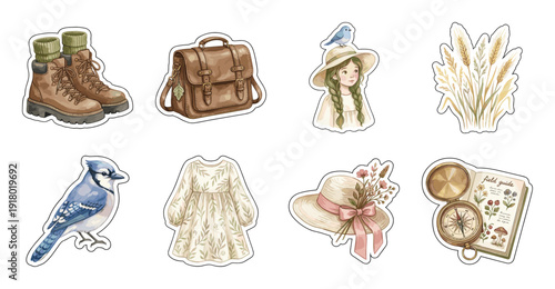 Cottagecore Nature Sticker Set, Vintage Watercolor Illustration